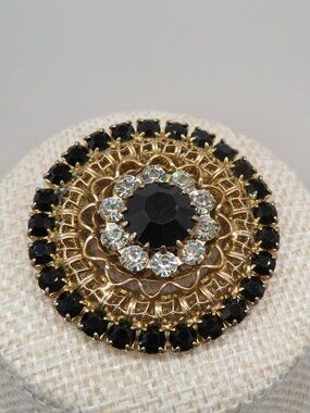 Vintage Black White Rhinestone Circle Brooch